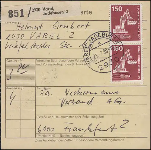 850+992 IuT 2x 40 Pf im Paar + 2x 150 Pf auf Paketkarte VAREL, JADEBUSEN 21.2.90