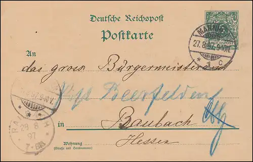 Carte postale P 36, paragraphe 5 pf. sans DV, MANNHEIM 27.8.1897 vers BAUBACH 28.8.97