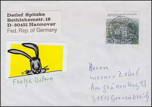 1997 Sächsische Schweiz 110 Pf. Elbsandsteingebirge EF Brief Hannover 5.4.2001