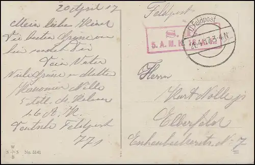 Feldpost AK Ringelreih, S.B. 5.A.M.K. 16.A.K., D. FELDPOST  21.4.17 n. Elberfeld