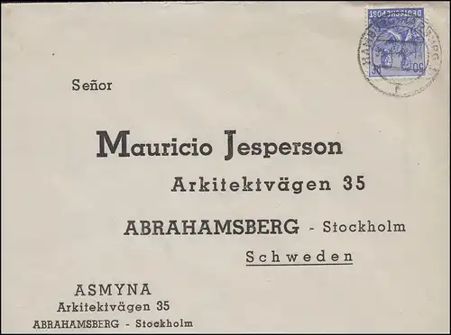 955 Kontrollrat II 50 Pf. Brief HAMBURG-HERBURG 30.4.48 nach Stockholm/Schweden