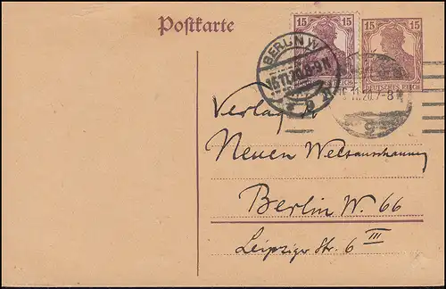 Carte postale P 116I avec 142 Germania 15 Pf. comme PK BERLIN W 9 - 16.11.1920