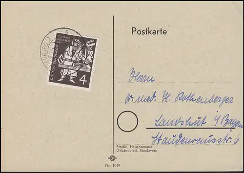 198 Gutenberg-Bibel als EF Postkarte BERLIN-CHARLOTTENBURG 2.6.54 nach Landshut