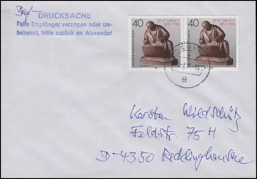 823 Barlach 2x 40 Pf Paar MeF Briefdrucksache MÜNCHEN 18.2.91 n. Recklinghausen