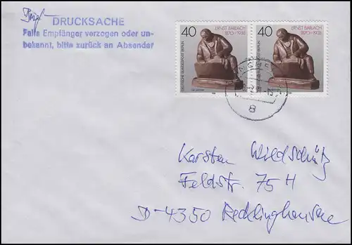 823 Barlach 2x 40 Pf Paire MeF Critiques de correspondance MUNICH 18.2.91 n. Recklinghausen