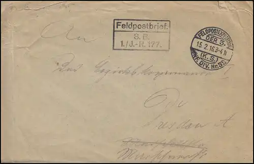 Poste de terrain S.B.: 1/J.R.177. FELDPOST 3. K.S. INF. DIV. 32 - 15.2.16 selon Dresde