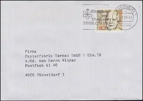 1157 Lübke EF Brief Pforzheim Schmuck- und Uhrenstadt 4.2.86 nach Düsseldorf