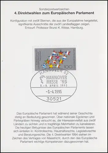 1724 Europa-Wahl 1994 in Klappkarte Deutsche Post AG SSt HANNOVER MESSE 3.4.1995