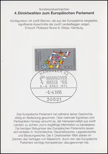 1724 Europe-Elections 1994 dans la carte pliante Deutsche Post AG SSt HANNOVER Messe 3.4.1995