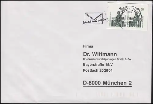 Postkartenausschnitte 2x 60 Pf. Bavaria als MeF auf Brief GARCHING 17.2.93