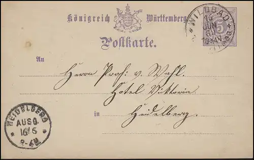 Württemberg P 30 Ziffer 5 Pf. WILDBAD in WÜRTTMBG 16.6.89 nach HEIDELBERG 16.6.