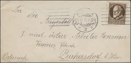 94I Ludwig 3 Pf als EF auf Ducksache MÜNCHEN 29.12.1915 nach Österreich