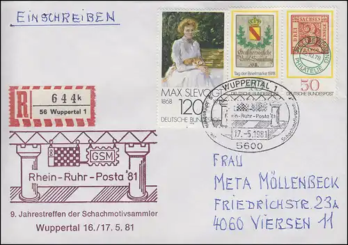 Schmuck-R-Brief Rhein-Ruhr-Posta Schachmotivsammler MiF SSt WUPPERTAL 17.5.81 