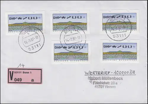 ATM 2.2.1X Sanssouci 5 fois 200 Pf avec impression partielle sur la lettre de valeur Bonn 14.3.97