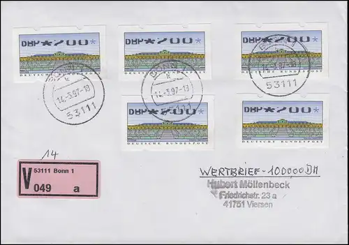 ATM 2.2.1X Sanssouci 5mal 200 Pf mit Teildruck auf Wert-Brief Bonn 14.3.97