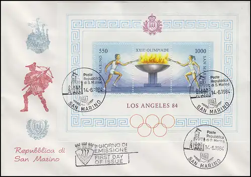 San Marino Block 9 Olympia Los Angeles 1984 auf Schmuck-FDC SAN MARINO 14.6.84