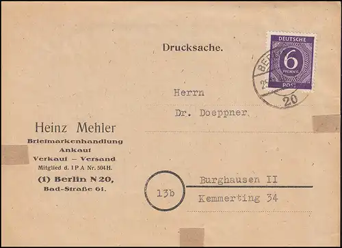 916 Ziffer 6 Pf. EF auf Drucksache BERLIN 20 - 25.11.1946 nach Burghausen