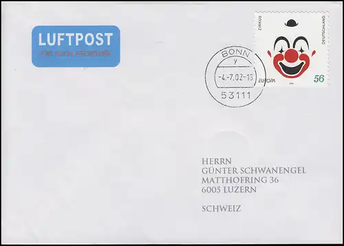2272 Europa Clown selbstklebend als EF auf FDC ET-O BONN 4.7.02 in die Schweiz