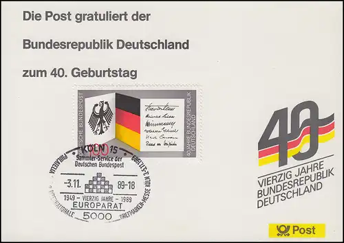 Erinnerungskarte 40. Geburtstag der Bundesrepublik SSt Köln Europarat 3.11.89