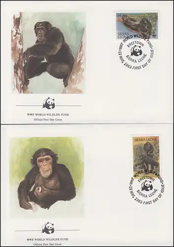 Sierra Leone WWF: Affen - Schimpansen 1983, 4 Werte auf 4 FDC FREETOWN 19.5.1983