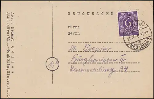916 paragraphe 6 Pf. EF sur l'impression BERLIN-NEUKÖLLN 26.11.1946 vers Burghausen