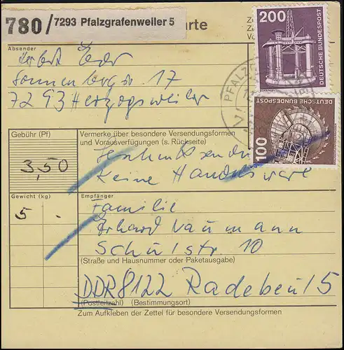 Industrie und Technik 3 Werte als MiF auf Paketkarte PFALZGRAFENWEILER 12.12.78