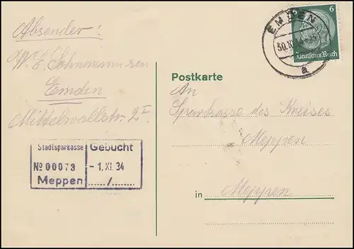 Hindenburg 6 Pf EF Carte postale EMDEN 30.10.34 vers Meppen Stadtsparkasse 1.9.34