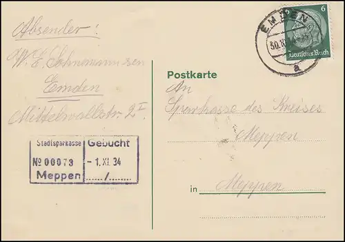 Hindenburg 6 Pf EF Postkarte EMDEN 30.10.34 nach Meppen Stadtsparkasse 1.9.34