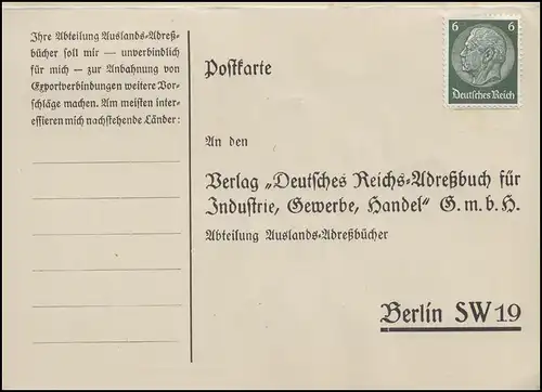 516 Hindenburg EF Postkarte Adressbucheintrag Zahnarztgeräte BERLIN 30.11.35