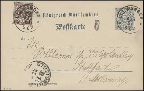 Wurtemberg Carte postale P 41 paragraphe 2 Pf + supplément DV: 21 3 01 ELLWANGEN 27.8.01