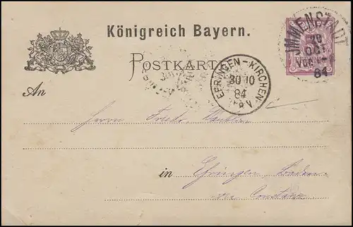 Bayern P 26 chiffre 5 pf. WZ.3Z, IMMENVADT 29.10.84 n. HHRINGEN-KIRCHEN 30.10.85
