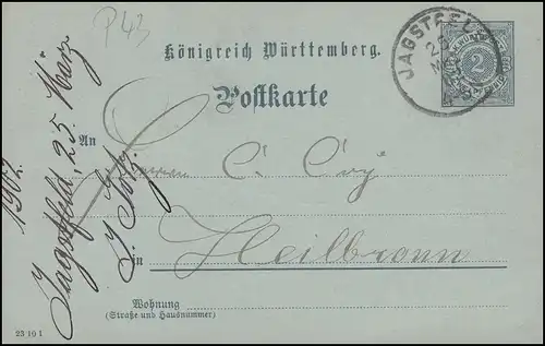 Württemberg P 43 Ziffer 2 Pf. Papier bläulich, JAGSTFELD 25.3.02 nach Heilbronn