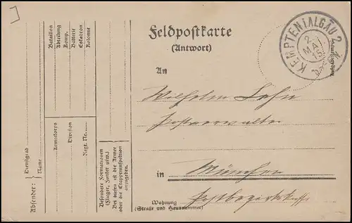 Feldpostkarte Zweikreisstempel KEMPTEN i. ALLGÄU 2 - 2.5.15 nach München