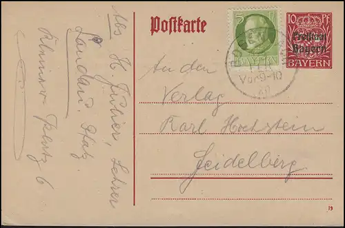 Postkarte P 109 Freistaat Bayern 10 Pf. + Zusatzfr. BODENBACH 29.2.20 