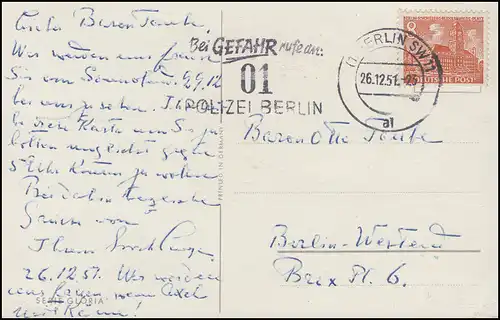 Neujahrskarte 46 Bauten 8 Pf. EF Bei Gefahr 01 Polizei Berlin BERLIN 26.12.51