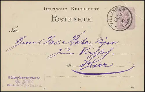 Postkarte P 12/02B Ziffer 5 Pfennig mit DV 886, Ort-Postkarte VILLINGEN 13.10.86