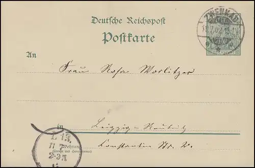 Postkarte P 50II Germania 5 Pf. ohne Punktlücke ZWENKAU 11.7.02 nach LEIPZIG