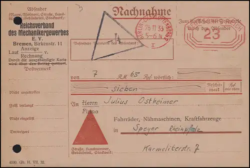 Absenderfreistempel Mechaniker-Gewerbe NN-Karte Berlin 25.11.33 nach Speyer