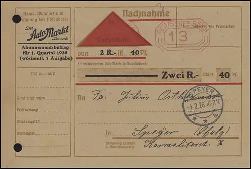Absenderfreistempel Verlag Der Auto-Markt auf NN-Karte Pößneck 2.2.26 n. Speyer