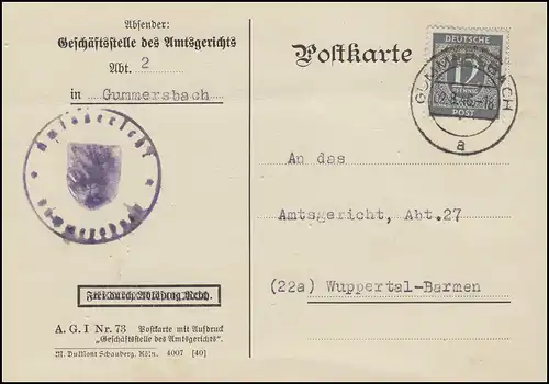 920 point 12 p. EF carte postale du tribunal de l'arrondissement de GUMMERBACH 2.8.46 selon Wuppertal