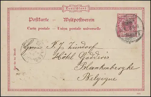 Postkarte P 25/02 Adler 10 Pf. DV: 595i von CÖLN / KÖLN 24.8.98 nach Belgien