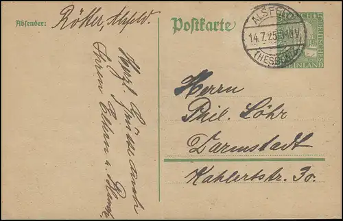 Postkarte P 204I von ALSFELD (HESSEN) 14.7.25 nach Darmstadt