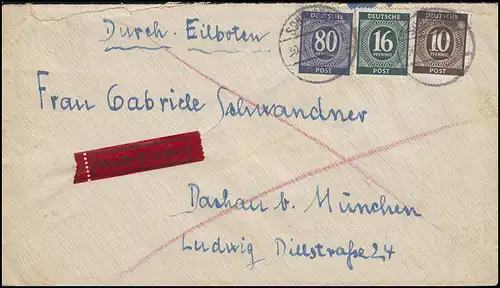 918+923+935 Ziffer 10+16+80 Pf. MiF Eil-Brief SONTHOFEN  30.1.46 nach Dachau