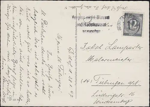 920 chiffre 12 p. EF carte de vue fleurs DÜSSELDORF 1.2.47 par Tübingen