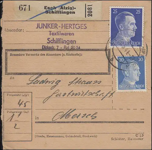 Hitler-Mischfrankatur Paketkarte ESCH (ALZIG) - SCHIFFLINGEN 3.4.44 nach MERSCH