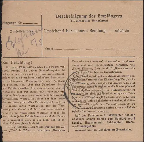 Hitler-Mischfrankatur Paketkarte ESCH (ALZIG) - SCHIFFLINGEN 3.4.44 nach MERSCH