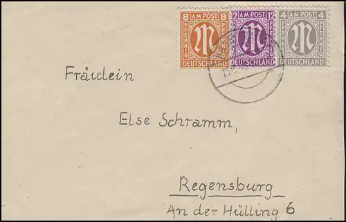 AM-Post 4+8+12 Pf. MiF Fern-Brief von HAGELSTADT 15.3.46 nach Regensburg