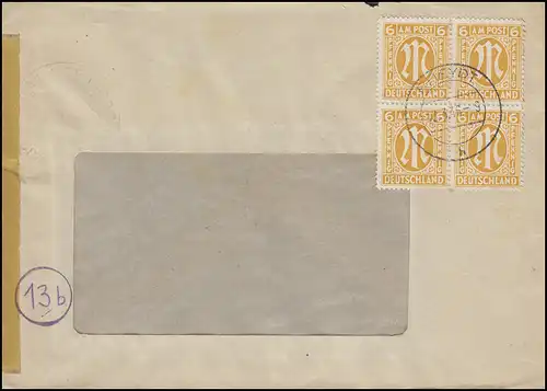 AM-Post 4x 6 Pf. Viererblock MeF Fensterbrief RHEYDT 13.3.46