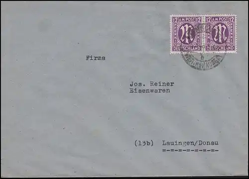 AM-Post 2x 12 Pf. MeF Lettre à distance REMSCHEID-VIERINGHAUSEN 5.3.46 vers Lauingen