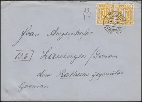 AM-Post 2x 6 Pf. MeF Fern-Brief ESSEN-BORBECK a - 24.2.46 nach Lauingen/Donau